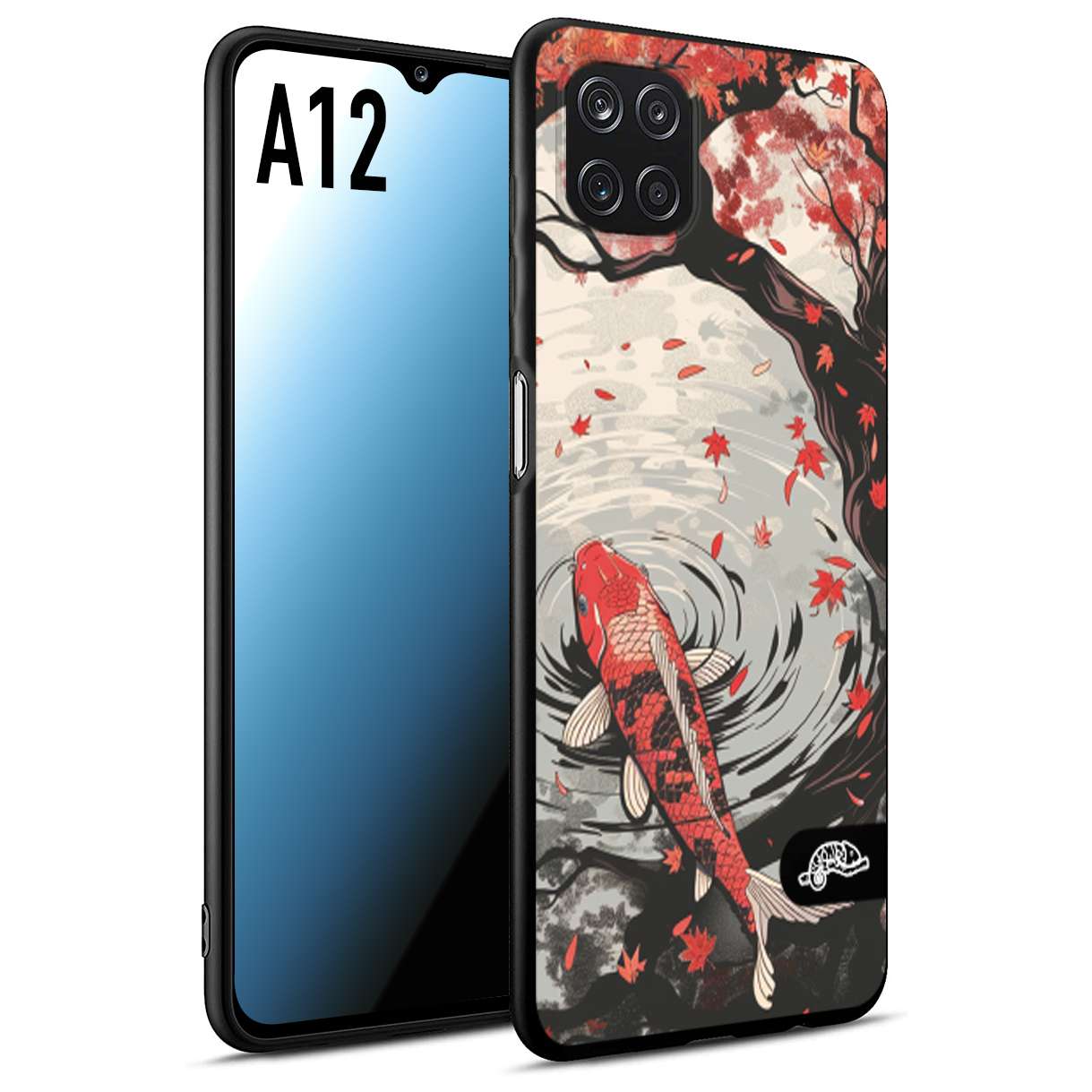 CUSTOMIZZA - Custodia cover nera morbida in tpu compatibile per Samsung A12 giapponese lago carpa koi rossa con foglie d'acero rosso disegnata tattoo