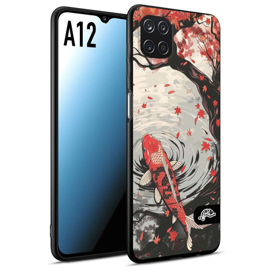 CUSTOMIZZA - Custodia cover nera morbida in tpu compatibile per Samsung A12 giapponese lago carpa koi rossa con foglie d'acero rosso disegnata tattoo