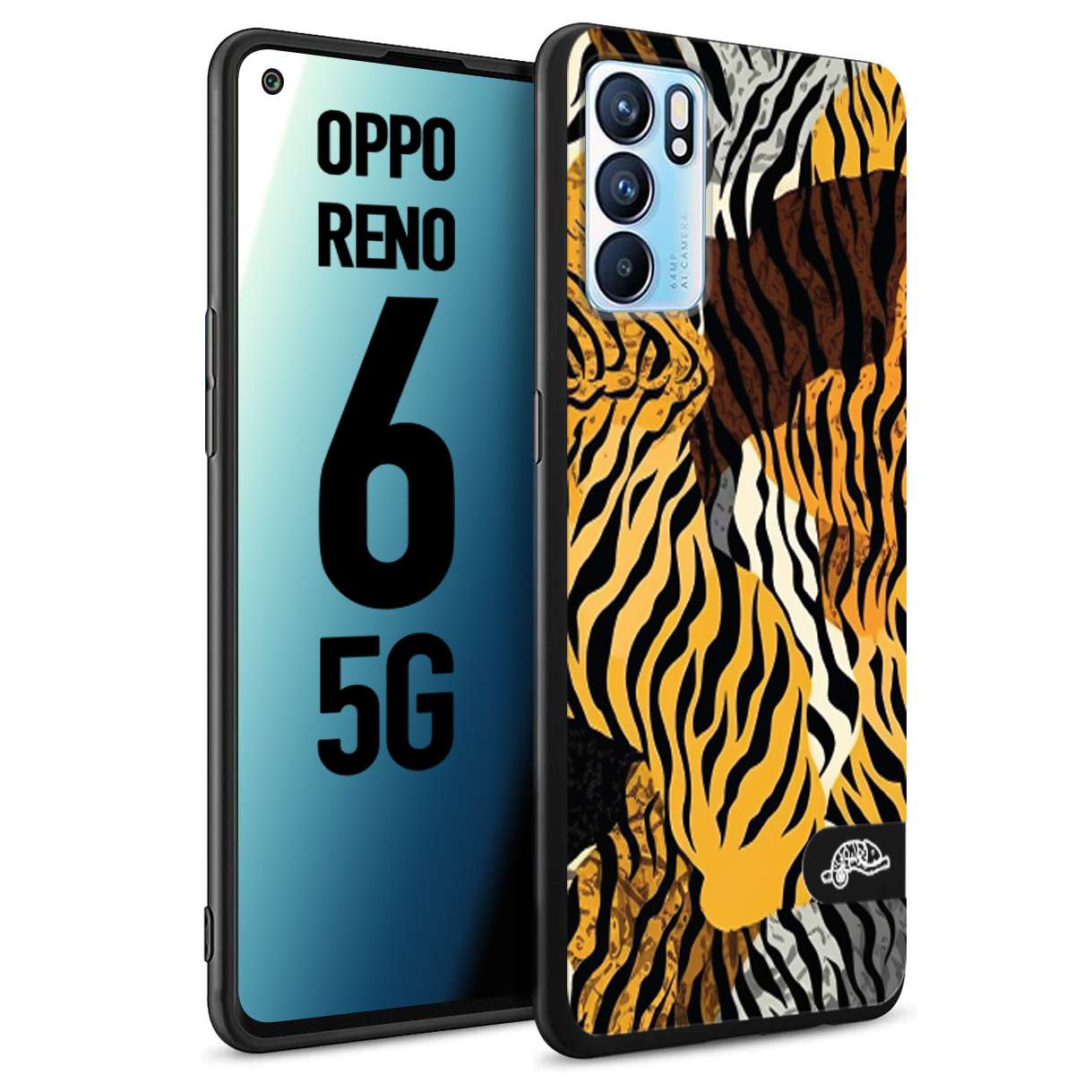 CUSTOMIZZA - Custodia cover nera morbida in tpu compatibile per Oppo Reno 6 5G leopardato tigrato tiger colorata donna fashion estate