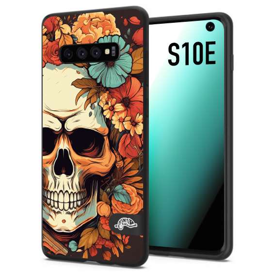 CUSTOMIZZA - Custodia cover nera morbida in tpu compatibile per Samsung S10E teschio skull flowers fiori autunnali arancio celeste tattoo