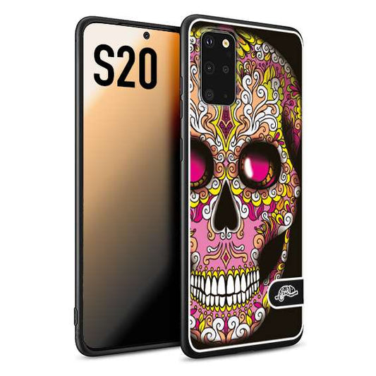 CUSTOMIZZA - Custodia cover nera morbida in tpu compatibile per Samsung S20 teschio messicano Mexican skull rosa gialla