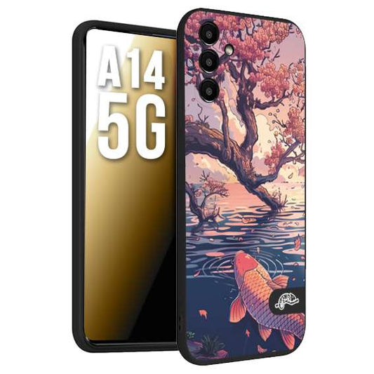 CUSTOMIZZA - Custodia cover nera morbida in tpu compatibile per Samsung A14 5G giapponese lago carpa koi rosa con foglie d'acero disegnata tattoo