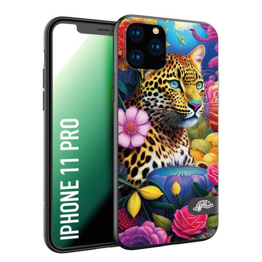 CUSTOMIZZA - Custodia cover nera morbida in tpu compatibile per iPhone 11 PRO fiori astratti donna flower fantasia leopardo ghepardo animali colorati