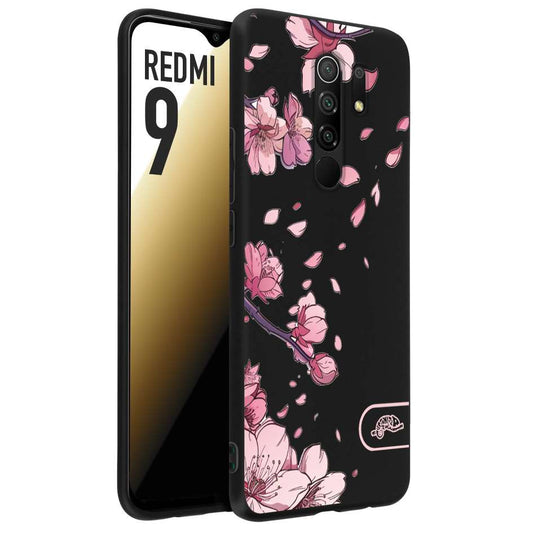 CUSTOMIZZA - Custodia cover nera morbida in tpu compatibile per Xiaomi Redmi 9 giapponese fiori di ciliegio in fiore a rilievo disegnata tattoo