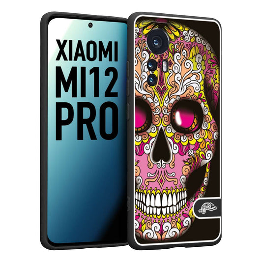 CUSTOMIZZA - Custodia cover nera morbida in tpu compatibile per Xiaomi 12 PRO teschio messicano Mexican skull rosa gialla