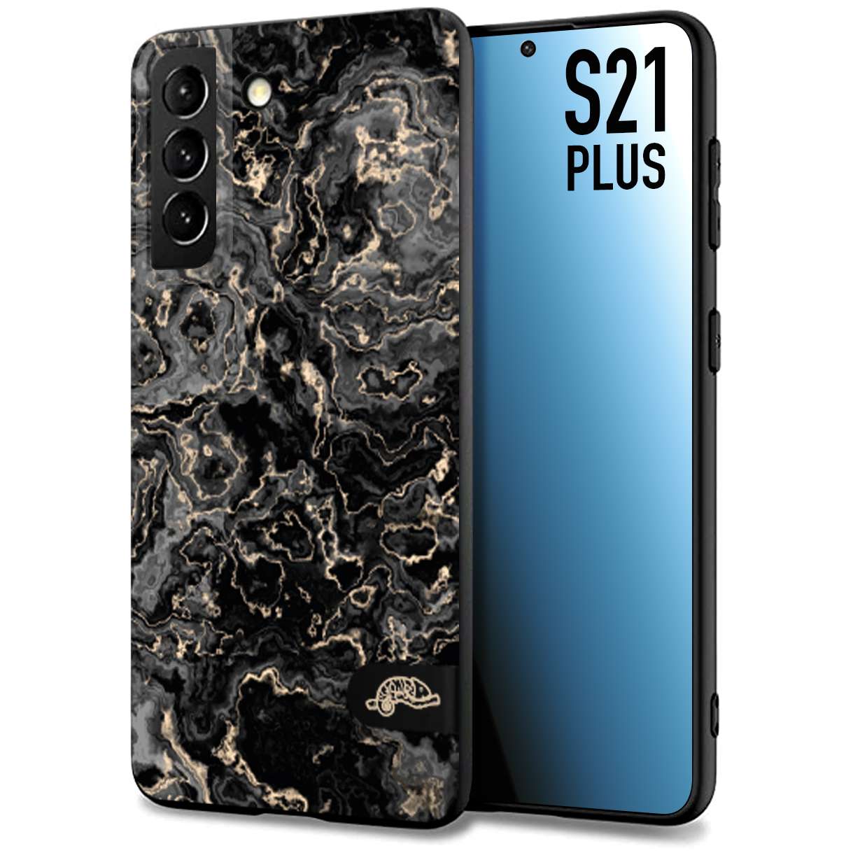 CUSTOMIZZA - Custodia cover nera morbida in tpu compatibile per Samsung S21 PLUS effetto marmo marble nero black venature dorato pietra