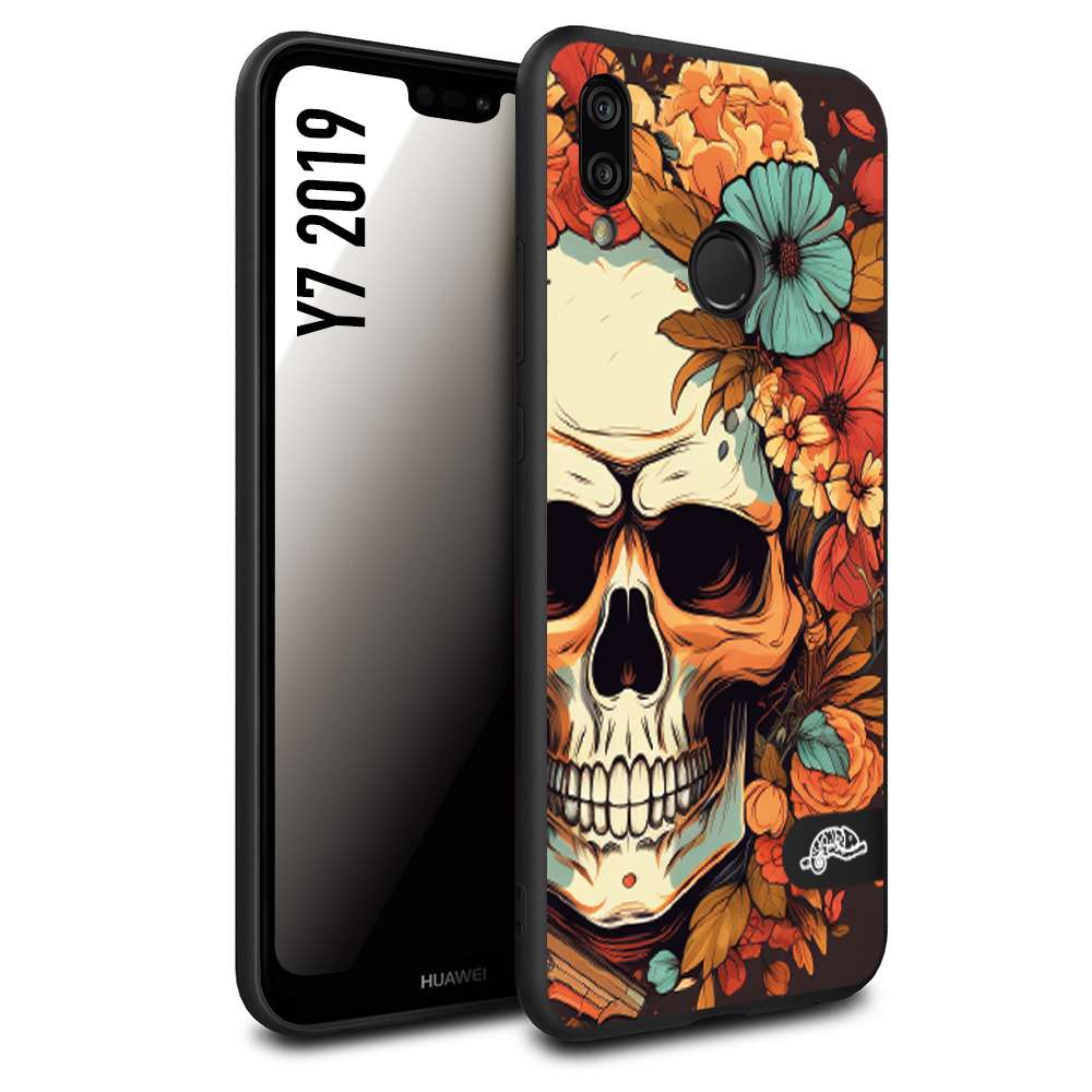 CUSTOMIZZA - Custodia cover nera morbida in tpu compatibile per Huawei Y7 2019 teschio skull flowers fiori autunnali arancio celeste tattoo