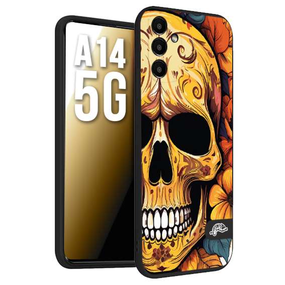 CUSTOMIZZA - Custodia cover nera morbida in tpu compatibile per Samsung A14 5G teschio messicano colorato dorato fiori autunnali disegnato