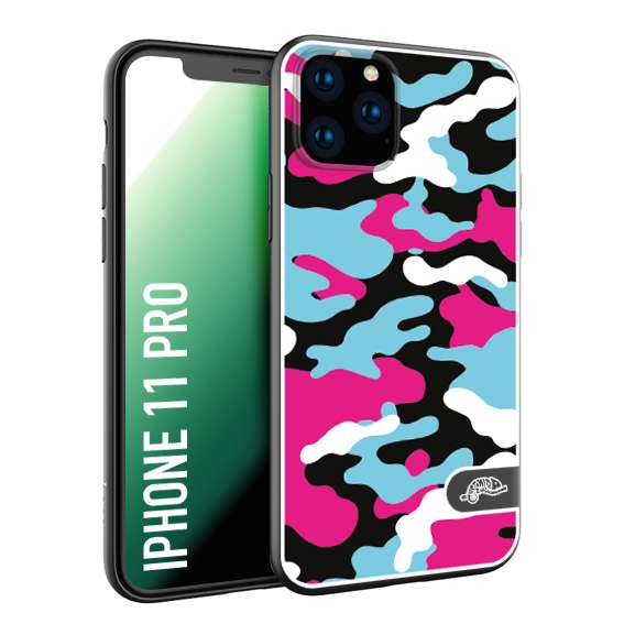 CUSTOMIZZA - Custodia cover nera morbida in tpu compatibile per iPhone 11 PRO camouflage mimetico militare fucsia celeste