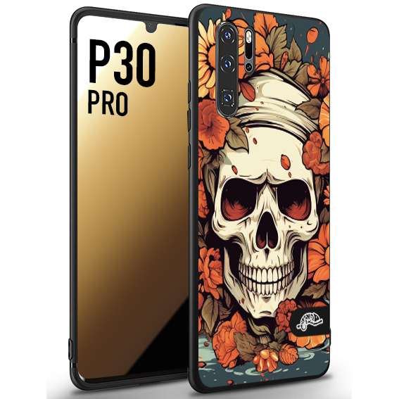 CUSTOMIZZA - Custodia cover nera morbida in tpu compatibile per Huawei P30 PRO teschio skull flowers fiori tattoo disegnato alta definizione