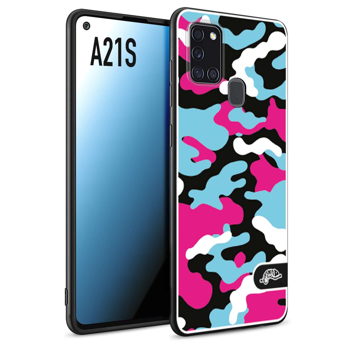 CUSTOMIZZA - Custodia cover nera morbida in tpu compatibile per Samsung A21S camouflage mimetico militare fucsia celeste