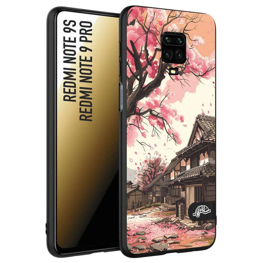 CUSTOMIZZA - Custodia cover nera morbida in tpu compatibile per Xiaomi Redmi Note 9S - Note 9 PRO casa giapponese rosa ciliegio in fiore disegnata tattoo