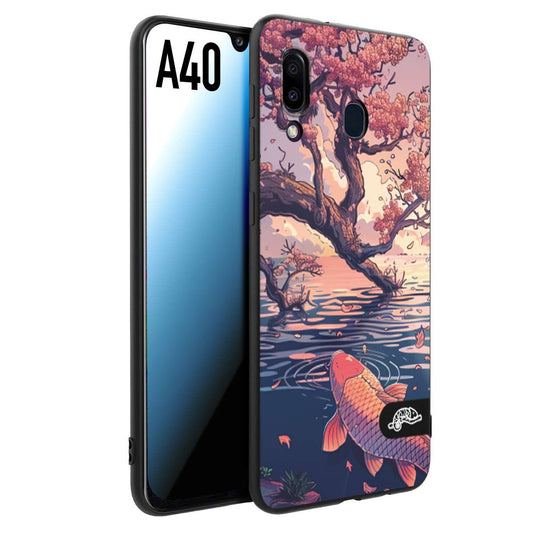 CUSTOMIZZA - Custodia cover nera morbida in tpu compatibile per Samsung A40 giapponese lago carpa koi rosa con foglie d'acero disegnata tattoo