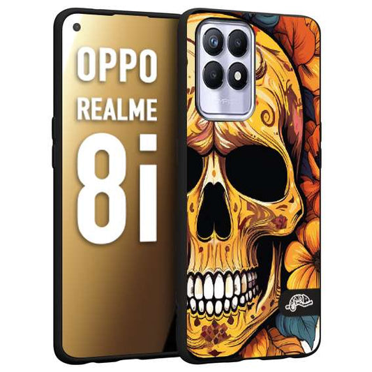 CUSTOMIZZA - Custodia cover nera morbida in tpu compatibile per Oppo Realme 8i teschio messicano colorato dorato fiori autunnali disegnato