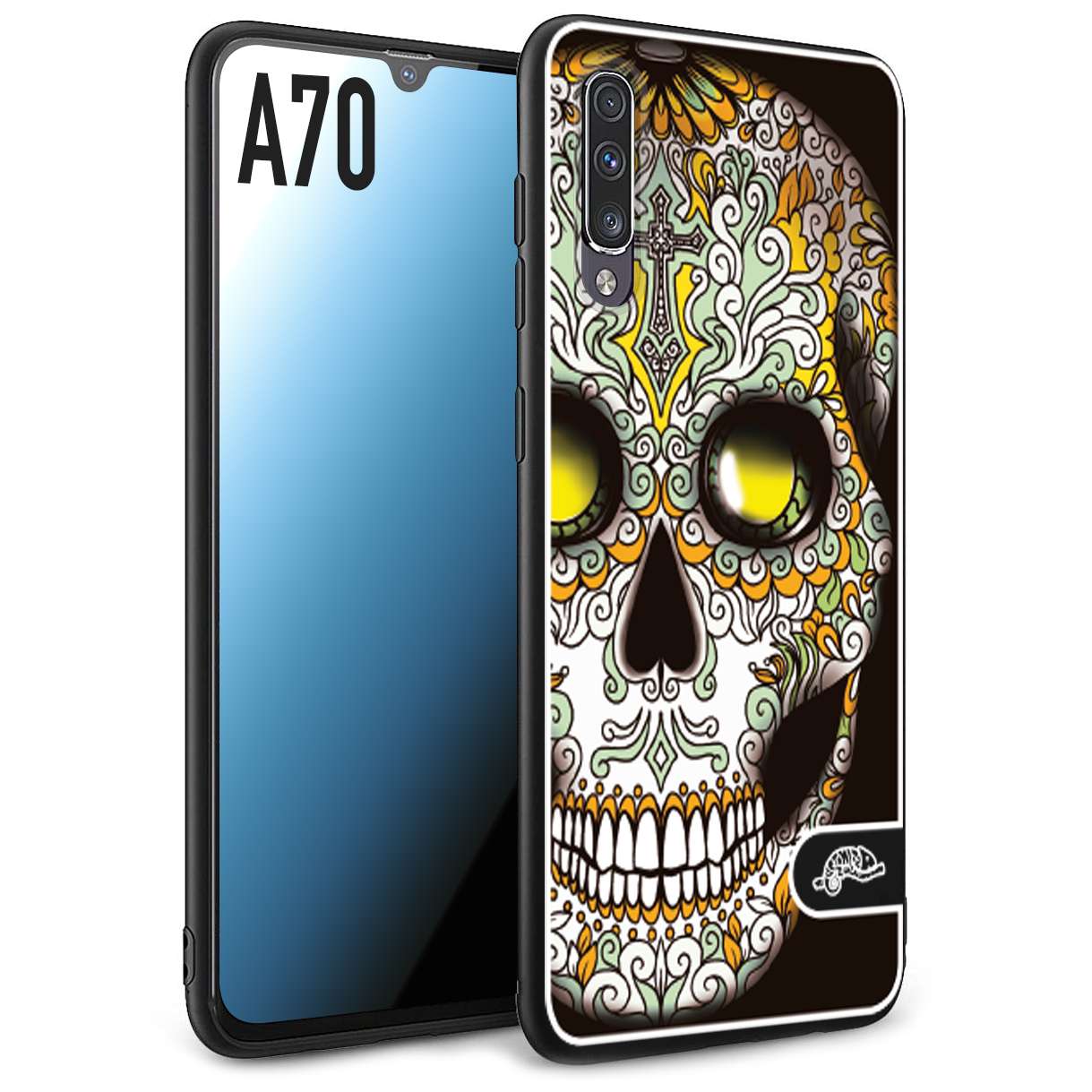 CUSTOMIZZA - Custodia cover nera morbida in tpu compatibile per Samsung A70 teschio messicano Mexican skull bianco verde giallo