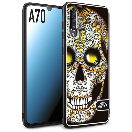 CUSTOMIZZA - Custodia cover nera morbida in tpu compatibile per Samsung A70 teschio messicano Mexican skull bianco verde giallo