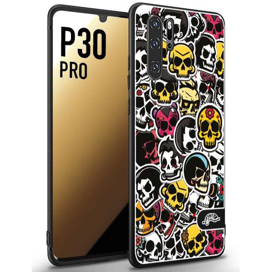 CUSTOMIZZA - Custodia cover nera morbida in tpu compatibile per Huawei P30 PRO sticker bomb teschi colorati adesivi skulls skater snowboard