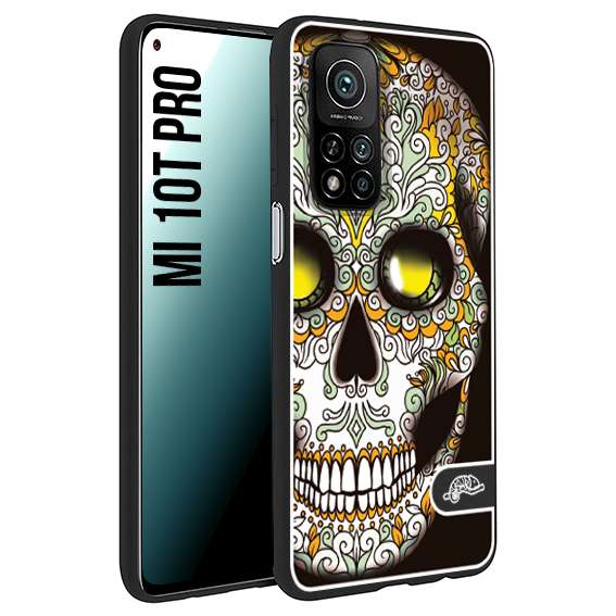 CUSTOMIZZA - Custodia cover nera morbida in tpu compatibile per Xiaomi Mi 10T PRO teschio messicano Mexican skull bianco verde giallo