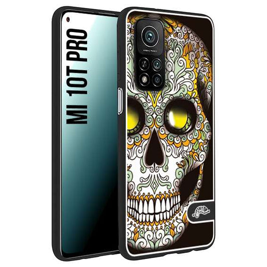 CUSTOMIZZA - Custodia cover nera morbida in tpu compatibile per Xiaomi Mi 10T PRO teschio messicano Mexican skull bianco verde giallo