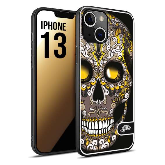 CUSTOMIZZA - Custodia cover nera morbida in tpu compatibile per iPhone 13 teschio messicano Mexican skull nero giallo