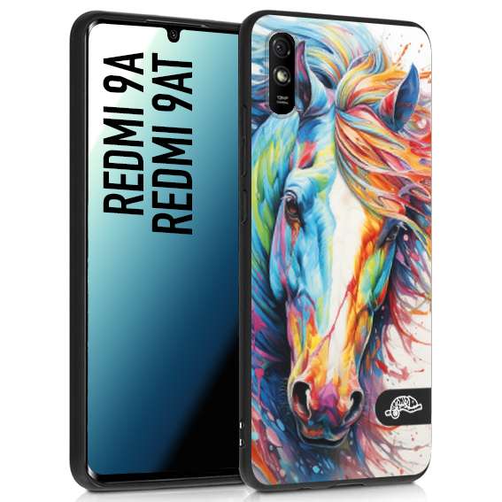 CUSTOMIZZA - Custodia cover nera morbida in tpu compatibile per Xiaomi Redmi 9A - 9AT animali color cavallo horse viso colori vibranti disegnato schizzo