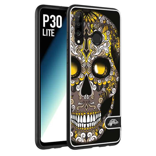 CUSTOMIZZA - Custodia cover nera morbida in tpu compatibile per Huawei P30 LITE teschio messicano Mexican skull nero giallo