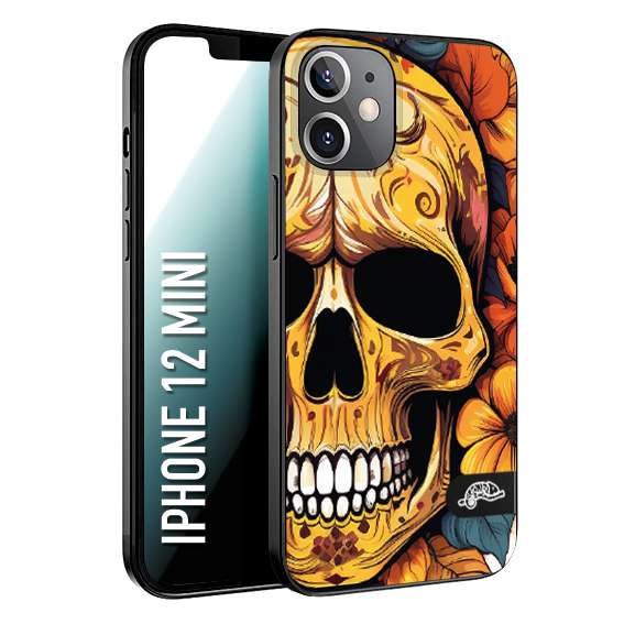 CUSTOMIZZA - Custodia cover nera morbida in tpu compatibile per iPhone 12 MINI teschio messicano colorato dorato fiori autunnali disegnato