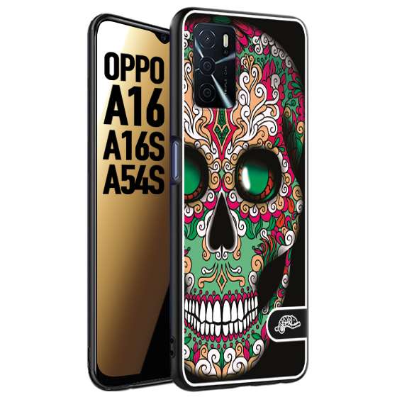 CUSTOMIZZA - Custodia cover nera morbida in tpu compatibile per Oppo A16 - A16S - A54S teschio messicano Mexican skull verde fucsia