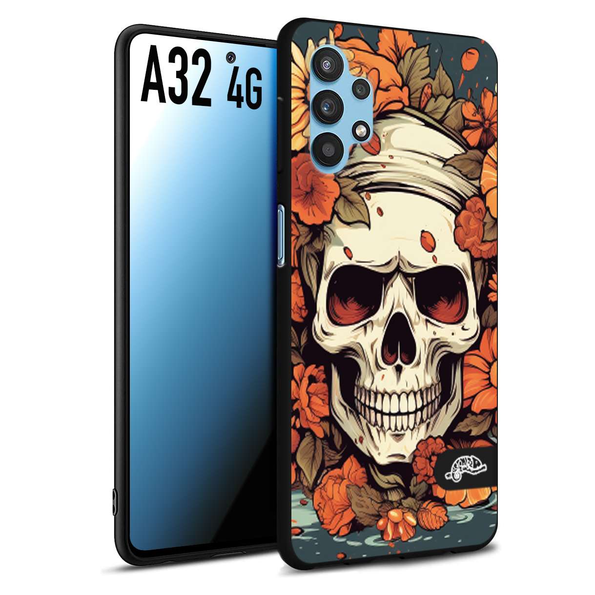 CUSTOMIZZA - Custodia cover nera morbida in tpu compatibile per Samsung A32 4G teschio skull flowers fiori tattoo disegnato alta definizione