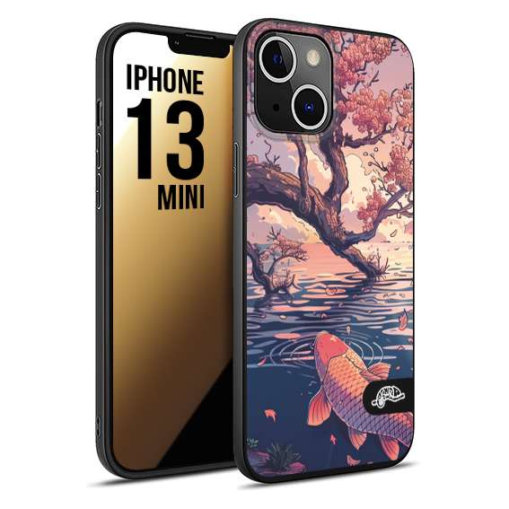 CUSTOMIZZA - Custodia cover nera morbida in tpu compatibile per iPhone 13 MINI giapponese lago carpa koi rosa con foglie d'acero disegnata tattoo