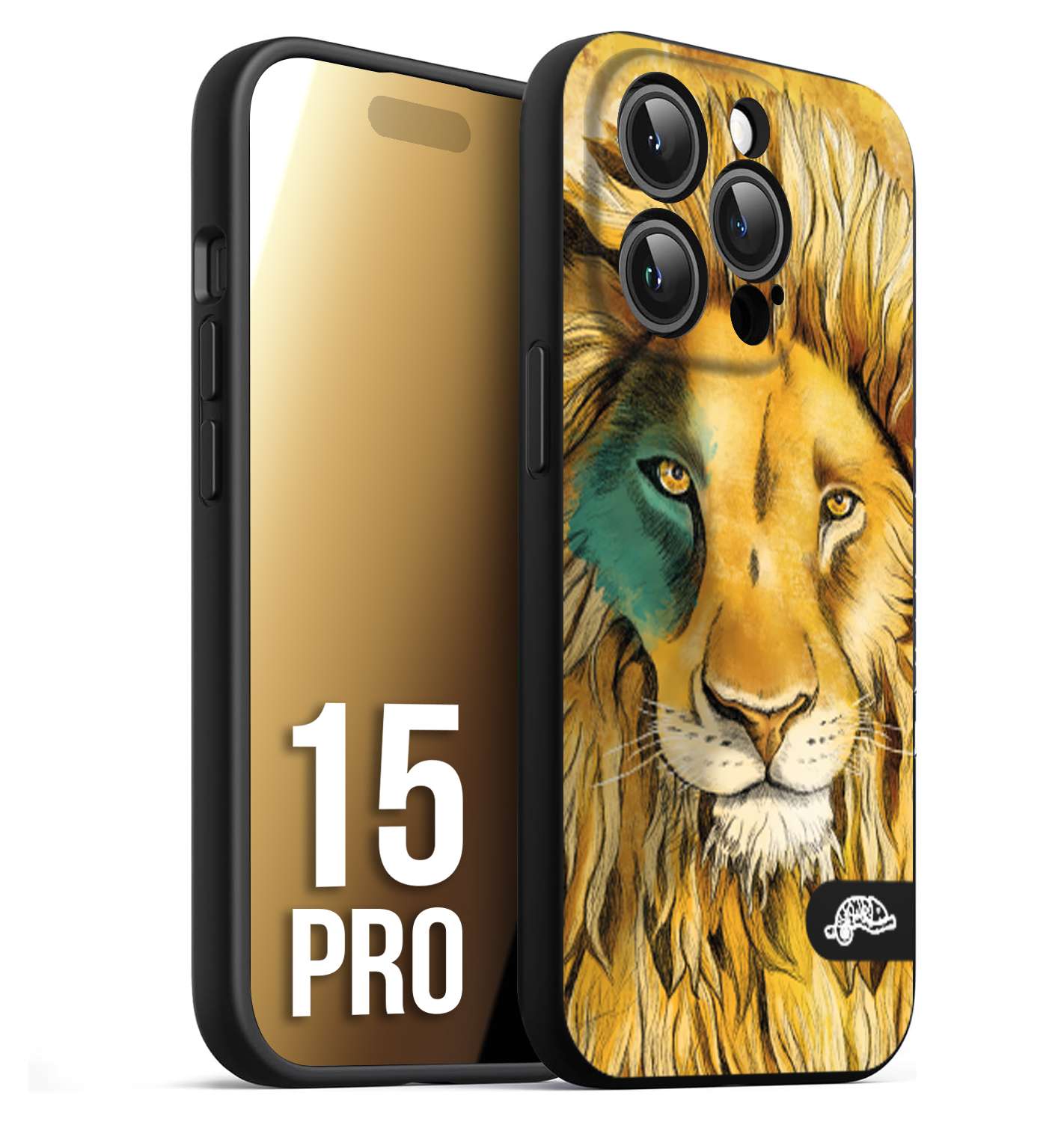 CUSTOMIZZA - Custodia cover nera morbida in tpu compatibile per iPhone 15 PRO leone lion disegnato a mano giallo blu a rilievo artistico brown