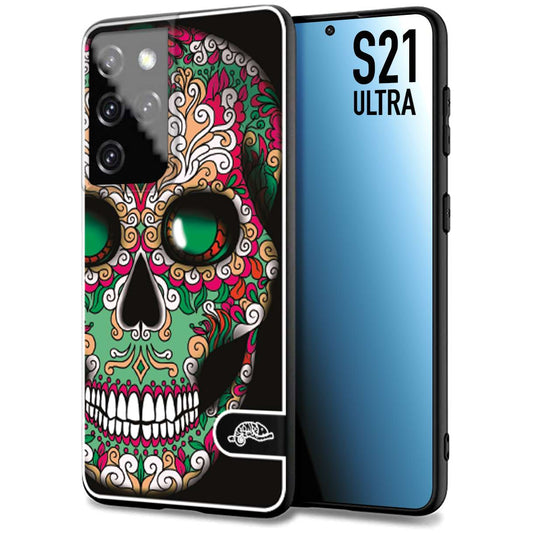 CUSTOMIZZA - Custodia cover nera morbida in tpu compatibile per Samsung S21 ULTRA teschio messicano Mexican skull verde fucsia