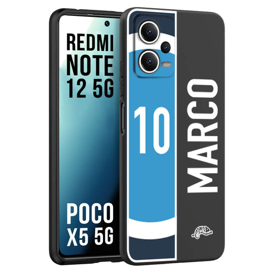 CUSTOMIZZA - Custodia cover nera morbida in tpu compatibile per Xiaomi Redmi Note 12 - POCO X5 5G personalizzata calcio football nome e numero calciatori biancoazzurri bianco celesti