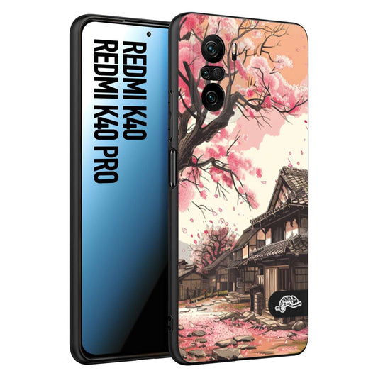 CUSTOMIZZA - Custodia cover nera morbida in tpu compatibile per Xiaomi Redmi K40 - K40 Pro casa giapponese rosa ciliegio in fiore disegnata tattoo