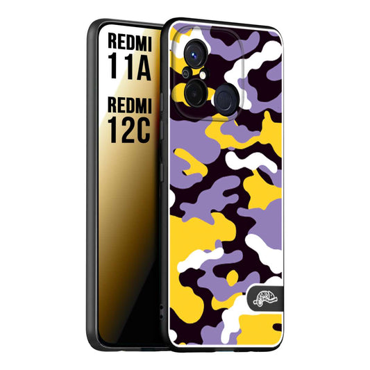 CUSTOMIZZA - Custodia cover nera morbida in tpu compatibile per Xiaomi Redmi 11A - 12C camouflage mimetico militare viola lilla giallo