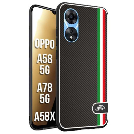 CUSTOMIZZA - Custodia cover nera morbida in tpu compatibile per Oppo A58 5G - A78 5G - A58X effetto fibra di carbonio bandiera Italia made in Italy