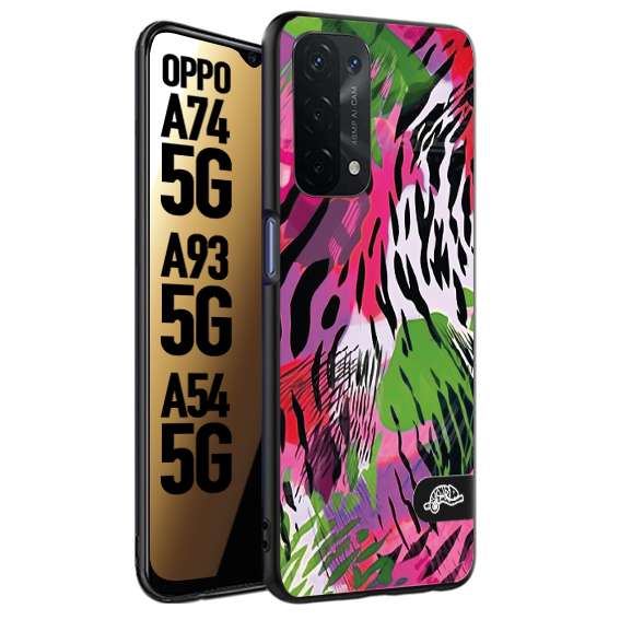 CUSTOMIZZA - Custodia cover nera morbida in tpu compatibile per Oppo A74 5G - A93 5G - A54 5G leopardato tigrato tiger colorata summer color verde fucsia