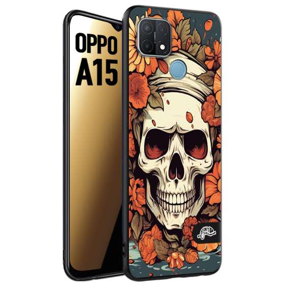 CUSTOMIZZA - Custodia cover nera morbida in tpu compatibile per Oppo A15 teschio skull flowers fiori tattoo disegnato alta definizione