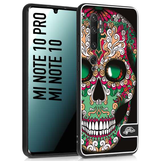 CUSTOMIZZA - Custodia cover nera morbida in tpu compatibile per Xiaomi Mi Note 10 - Mi Note 10 Pro teschio messicano Mexican skull verde fucsia