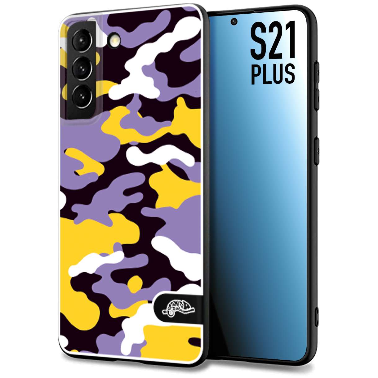 CUSTOMIZZA - Custodia cover nera morbida in tpu compatibile per Samsung S21 PLUS camouflage mimetico militare viola lilla giallo