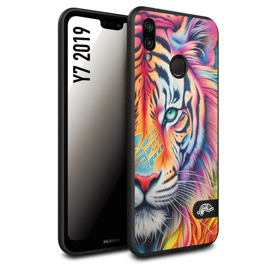 CUSTOMIZZA - Custodia cover nera morbida in tpu compatibile per Huawei Y7 2019 animali color tigre tiger viso colori vibranti disegnato schizzo