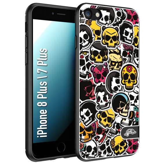 CUSTOMIZZA - Custodia cover nera morbida in tpu compatibile per iPhone 7 Plus - 8 plussticker bomb teschi colorati adesivi skulls skater snowboard