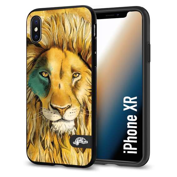 CUSTOMIZZA - Custodia cover nera morbida in tpu compatibile per iPhone Xr leone lion disegnato a mano giallo blu a rilievo artistico brown