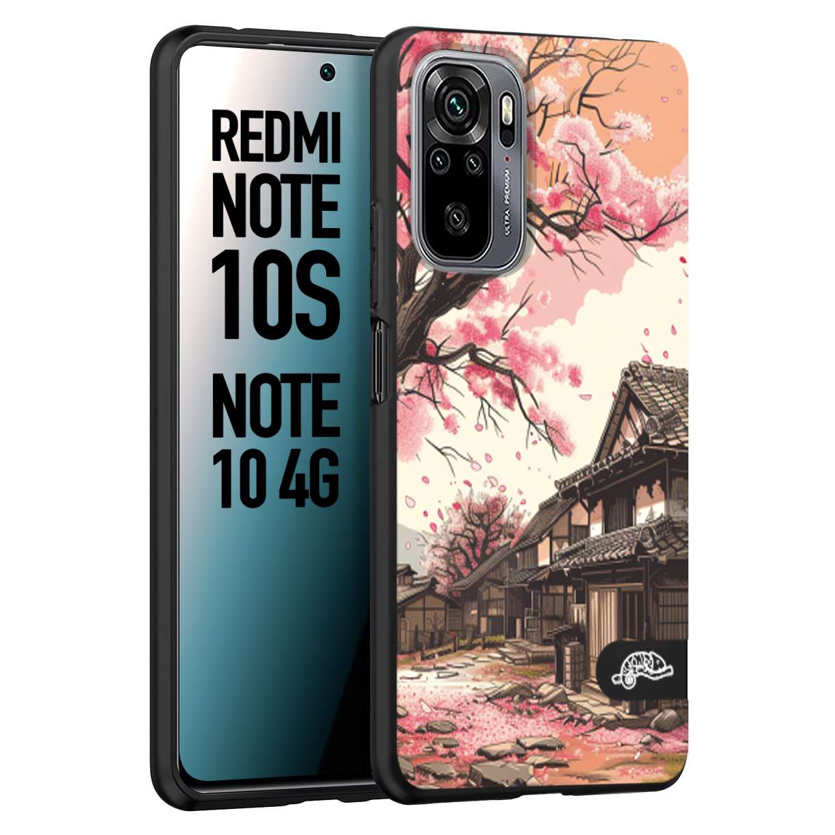 CUSTOMIZZA - Custodia cover nera morbida in tpu compatibile per Xiaomi Redmi Note 10S casa giapponese rosa ciliegio in fiore disegnata tattoo