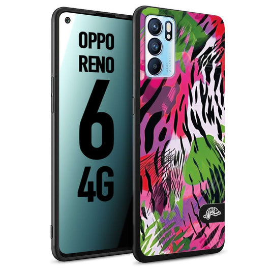 CUSTOMIZZA - Custodia cover nera morbida in tpu compatibile per Oppo Reno 6 4G leopardato tigrato tiger colorata summer color verde fucsia