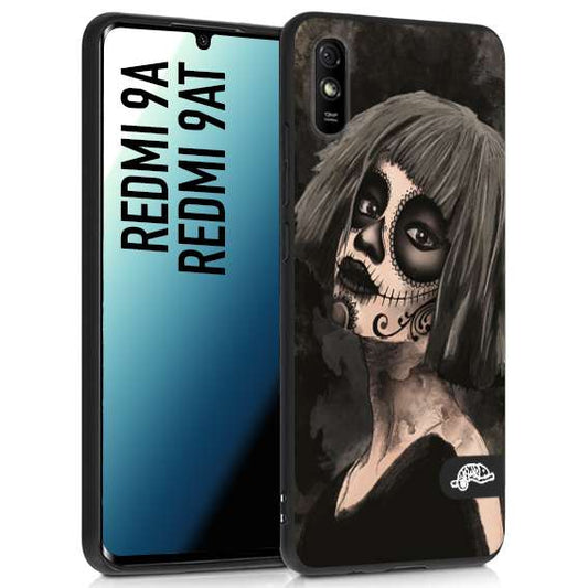 CUSTOMIZZA - Custodia cover nera morbida in tpu compatibile per Xiaomi Redmi 9A - 9AT chicana messicana dea de la muerte donna santa tattoo disegnata