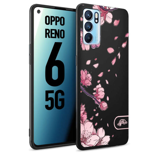 CUSTOMIZZA - Custodia cover nera morbida in tpu compatibile per Oppo Reno 6 5G giapponese fiori di ciliegio in fiore a rilievo disegnata tattoo