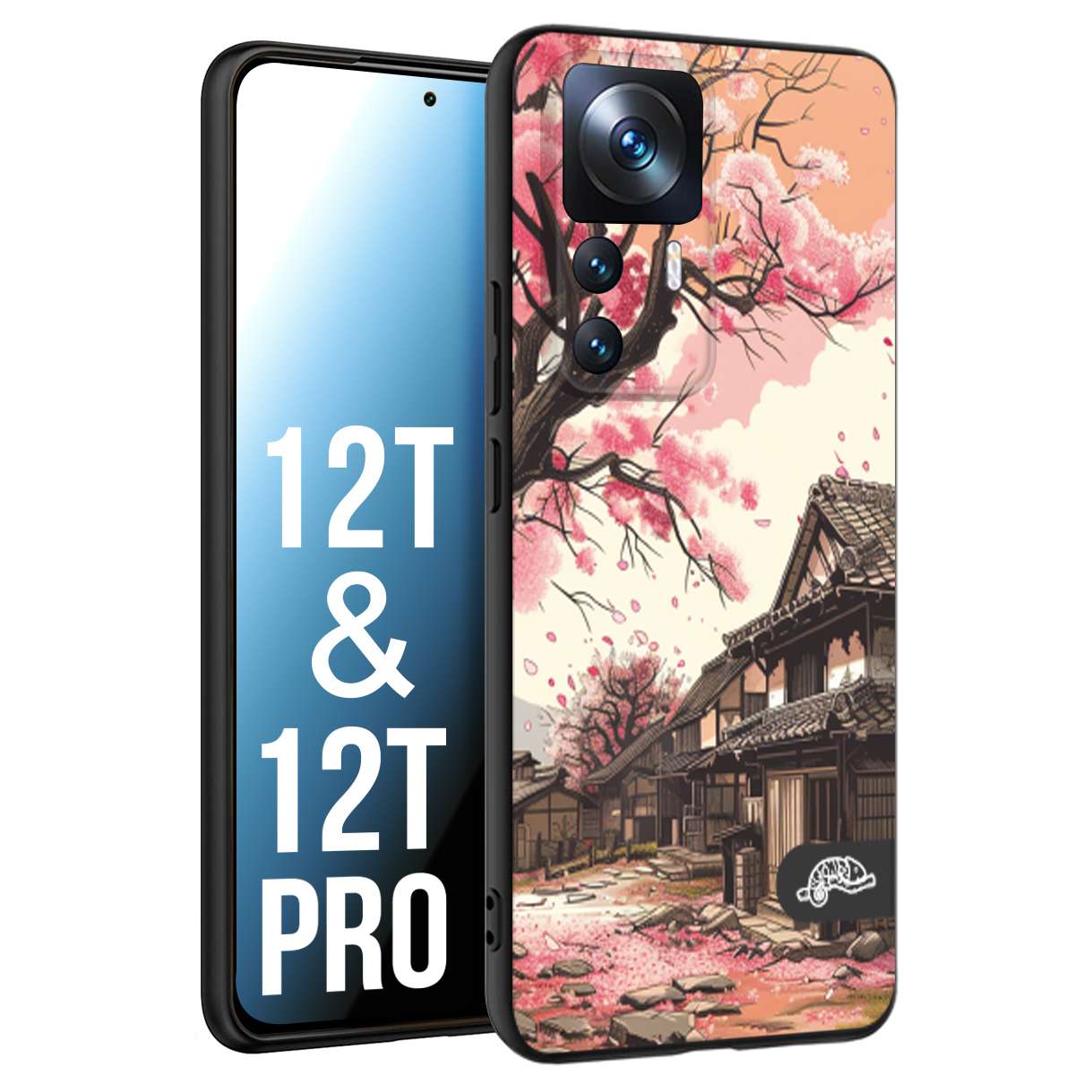 CUSTOMIZZA - Custodia cover nera morbida in tpu compatibile per Xiaomi 12T - 12T PRO casa giapponese rosa ciliegio in fiore disegnata tattoo