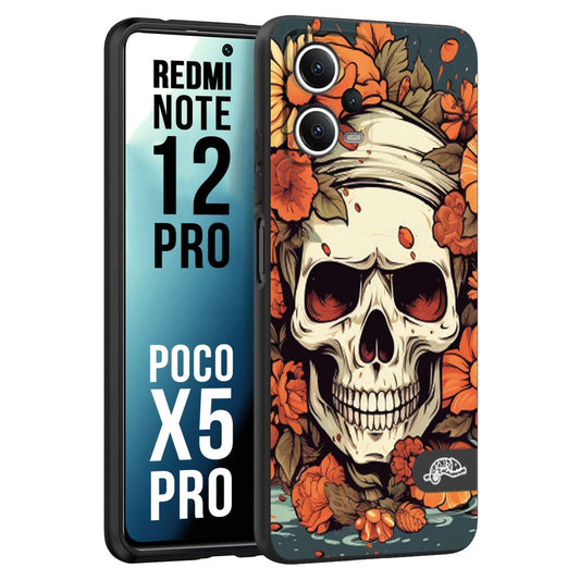 CUSTOMIZZA - Custodia cover nera morbida in tpu compatibile per Xiaomi Redmi Note 12 PRO - POCO X5 PRO teschio skull flowers fiori tattoo disegnato alta definizione