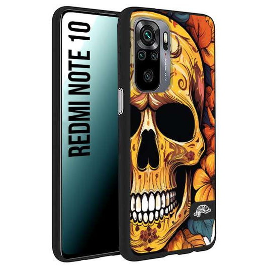 CUSTOMIZZA - Custodia cover nera morbida in tpu compatibile per Xiaomi Redmi Note 10 teschio messicano colorato dorato fiori autunnali disegnato